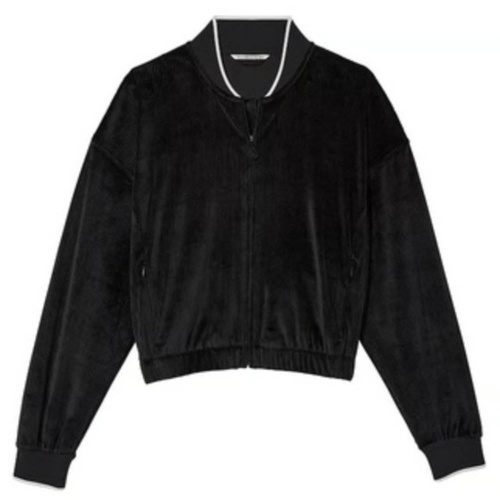 VICTORIA'S SECRET Black/White Velour Velvet Ribbed Bomber Jacket SZ XL**NEW! - Picture 3 of 7